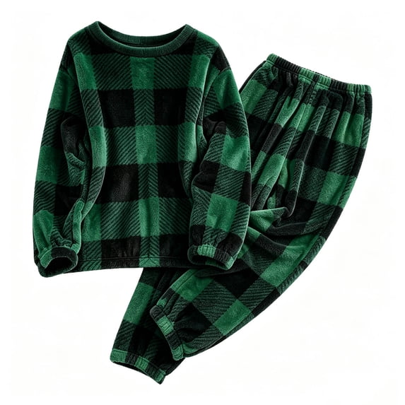 vdgthytj Womens Loungewear Set 2 Piece Plaid Fuzzy Crewneck Long Sleeve Tops Elastic Cuff Jogger Pants Winter Warm Cozy Sleepwear(Small,Army Green)