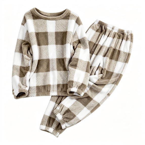 vdgthytj Womens Loungewear Set 2 Piece Plaid Fuzzy Crewneck Long Sleeve Tops Elastic Cuff Jogger Pants Winter Warm Cozy Sleepwear(X-Large,Khaki)