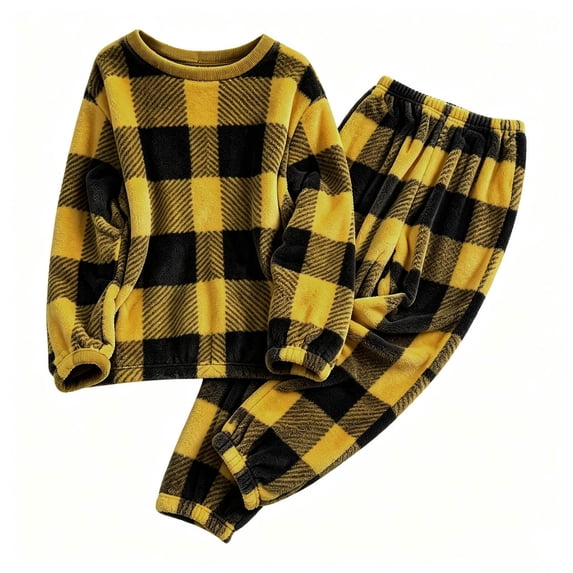 vdgthytj Womens Loungewear Set 2 Piece Plaid Fuzzy Crewneck Long Sleeve Tops Elastic Cuff Jogger Pants Winter Warm Cozy Sleepwear(X-Large,Yellow)