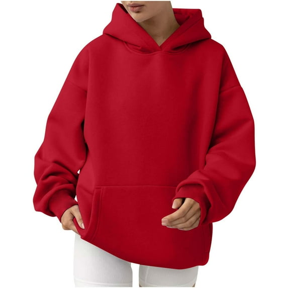 vdgthytj Womens Oversized Hoodies Long Sleeves Fleece Pullover Hooded Sweatshirts Solid Color Loose Tops with Pocket