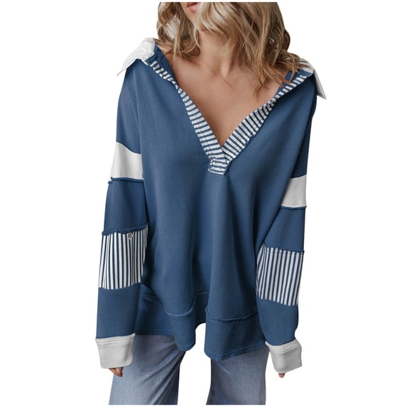 vdgthytj Womens Oversized Sweatshirt Striped Color Block Lapel Long Sleeve Pullover Top Trendy Fall Clothes