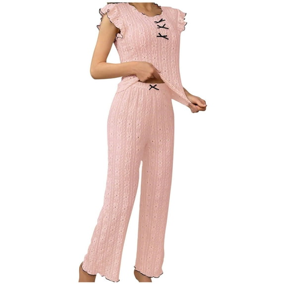 vdgthytj Womens Pajamas Sets Casual Bow Ruffle Sleeveless Top and Pants 2 Piece Outfits Sleepwear Pjs