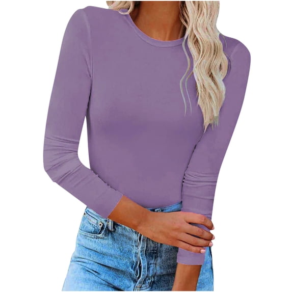 vdgthytj Womens Plus Size Long Sleeve Tops Casual Crew Neck Slim Fitted Basic Tee Shirts Trendy Fall Spring Outfits