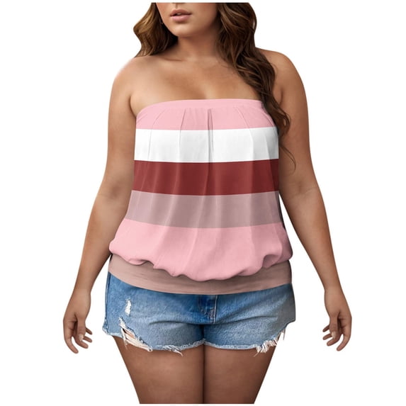 vdgthytj Womens Plus Size Strapless Bandeau Tube Tops Striped Color Block Backless Sleeveless Summer Shirts