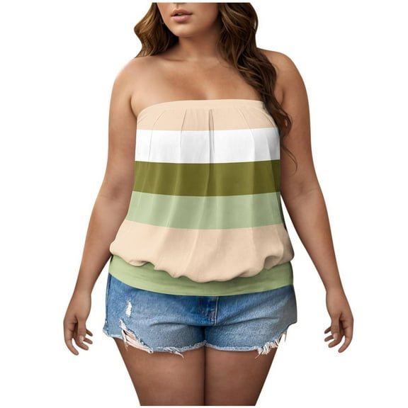 vdgthytj Womens Plus Size Strapless Bandeau Tube Tops Striped Color Block Backless Sleeveless Summer Shirts