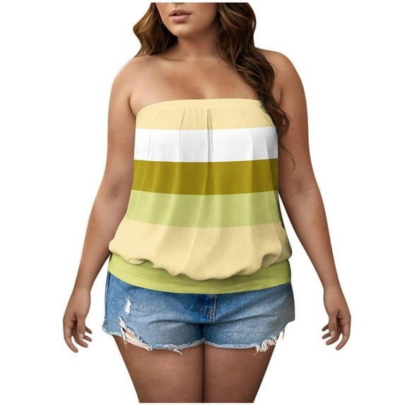 vdgthytj Womens Plus Size Strapless Bandeau Tube Tops Striped Color Block Backless Sleeveless Summer Shirts
