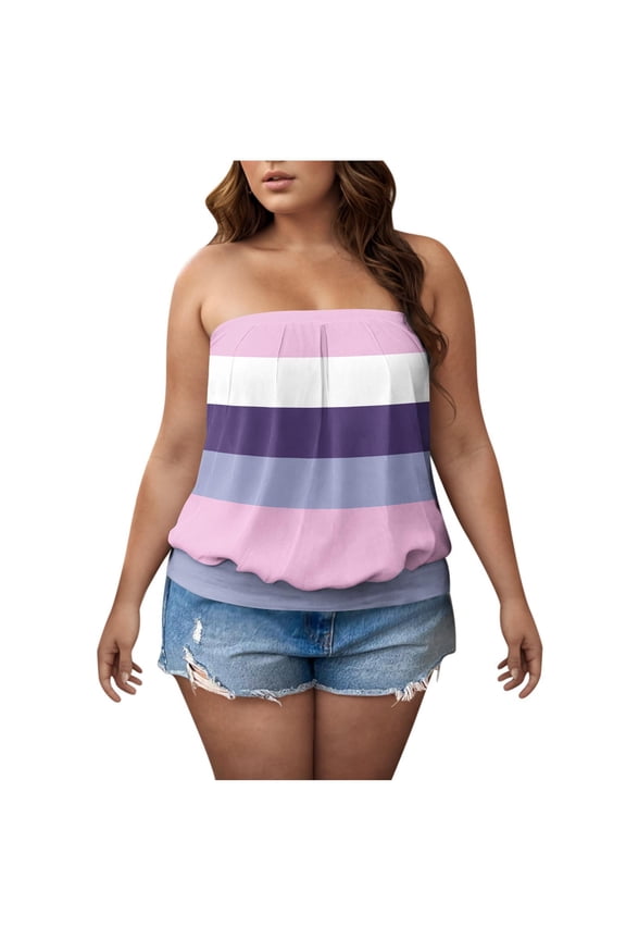 Womens Plus Size Strapless Bandeau Tube Tops Striped Color Block Backless Sleeveless Summer Shirts