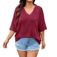 thumbnail image 1 of vdgthytj Womens Plus Size Tops Short Sleeve V-Neck Ribbed Knit Sweater Loose Fitted Summer Casual Tunic with Pocket, 1 of 7