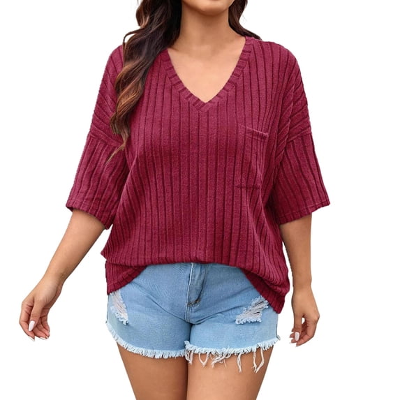 vdgthytj Womens Plus Size Tops Short Sleeve V-Neck Ribbed Knit Sweater Loose Fitted Summer Casual Tunic with Pocket