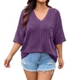 thumbnail image 1 of vdgthytj Womens Plus Size Tops Short Sleeve V-Neck Ribbed Knit Sweater Loose Fitted Summer Casual Tunic with Pocket, 1 of 7