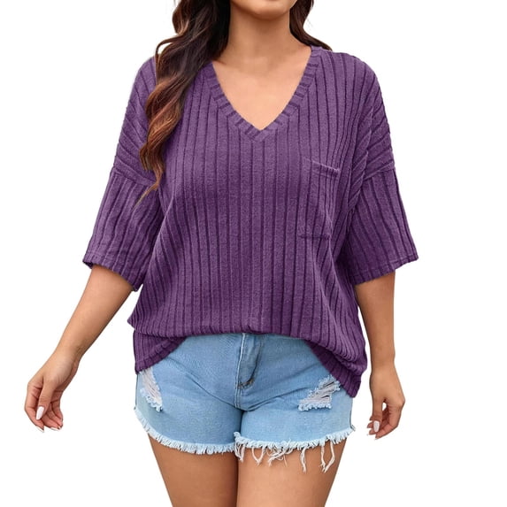 vdgthytj Womens Plus Size Tops Short Sleeve V-Neck Ribbed Knit Sweater Loose Fitted Summer Casual Tunic with Pocket