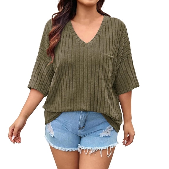vdgthytj Womens Plus Size Tops Short Sleeve V-Neck Ribbed Knit Sweater Loose Fitted Summer Casual Tunic with Pocket