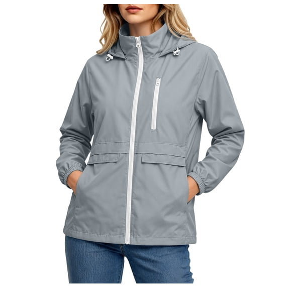 vdgthytj Womens Rain Jacket Windproof Drawstring Hooded Jackets Lightweight Waterproof Solid Travel Hiking Outwear with Pockets(Large,Gray)