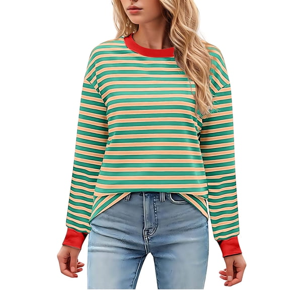 Besolor Womens Striped Tops Trendy Color Block Crewneck Long Sleeve Shirts Casual Loose Fall Pullover Clothes