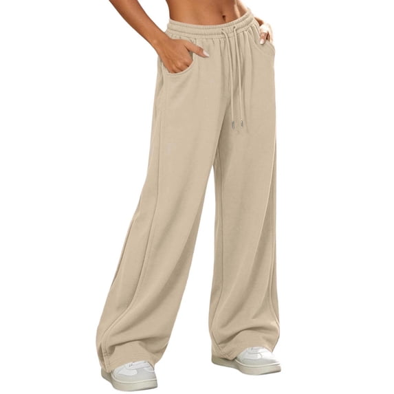 vdgthytj Womens Sweatpants Wide Leg Baggy Drawstring Waist Solid Basic Pants with Pockets Fall Winter Casual Athletic Trousers(Medium,Khaki)