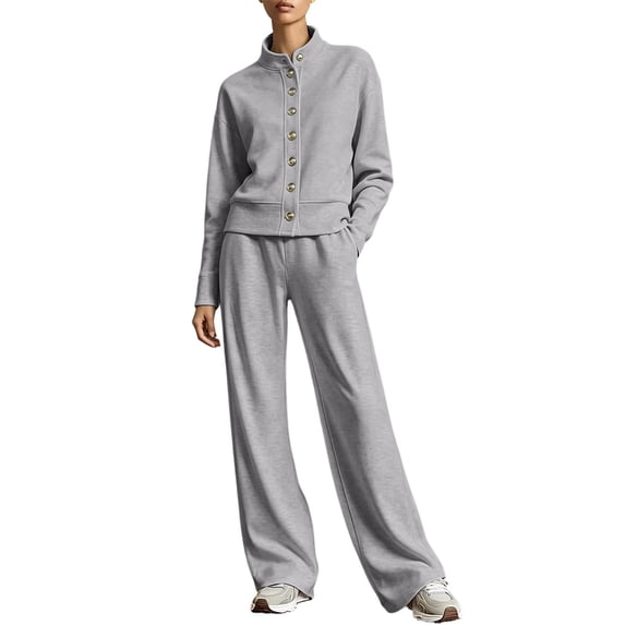 vdgthytj Womens Sweatsuit 2 Piece Set Stand Collar Button Front Cropped Jacket Wide Leg Pants Fall Loungewear Athleisure Outfits(Medium,Dark Gray)