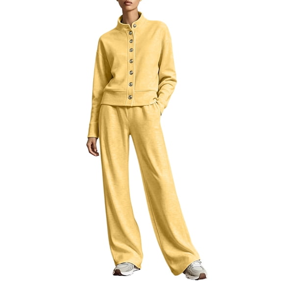vdgthytj Womens Sweatsuit 2 Piece Set Stand Collar Button Front Cropped Jacket Wide Leg Pants Fall Loungewear Athleisure Outfits(X-Large,Yellow)