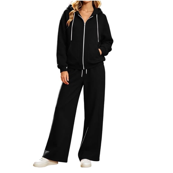 vdgthytj Womens Sweatsuits 2 Piece Set Full Zip Drawstring Hooded Jackets Wide Leg Pants Fall Winter Athleisure Tracksuits(Medium,Black)