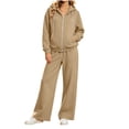 thumbnail image 1 of vdgthytj Womens Sweatsuits 2 Piece Set Full Zip Drawstring Hooded Jackets Wide Leg Pants Fall Winter Athleisure Tracksuits(X-Large,Khaki), 1 of 7