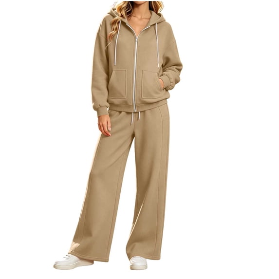 vdgthytj Womens Sweatsuits 2 Piece Set Full Zip Drawstring Hooded Jackets Wide Leg Pants Fall Winter Athleisure Tracksuits(X-Large,Khaki)