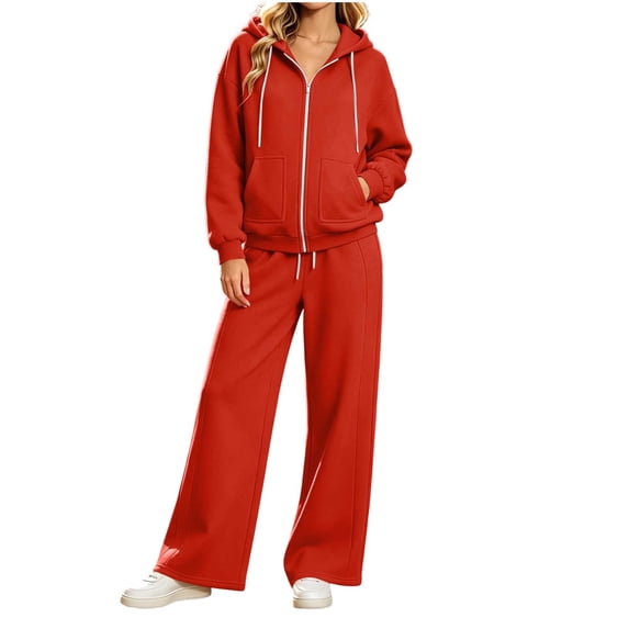 vdgthytj Womens Sweatsuits 2 Piece Set Full Zip Drawstring Hooded Jackets Wide Leg Pants Fall Winter Athleisure Tracksuits(X-Large,Red)