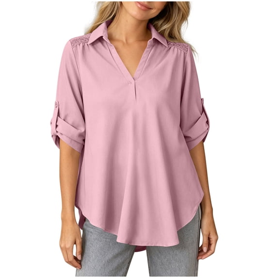 vdgthytj Womens Tops 3/4 Sleeve V-Neck Lapel Collar Lightweight Blouses Pleated Ruffle Flowy Loose Casual Tops(Large,Pink)