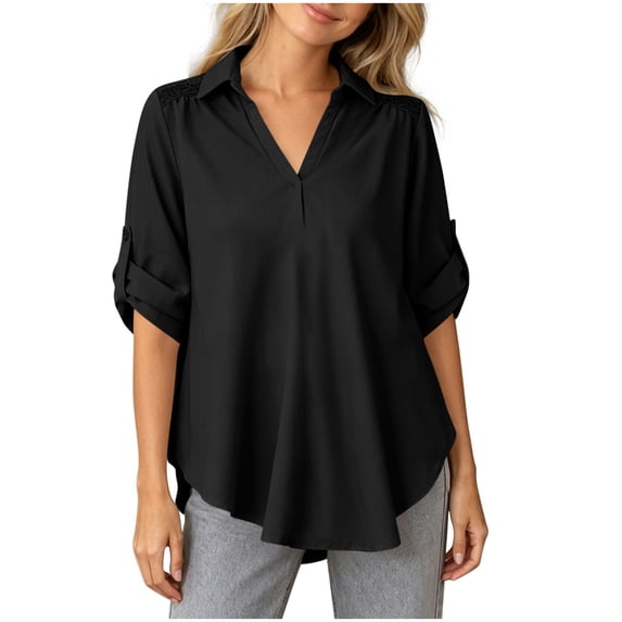 vdgthytj Womens Tops 3/4 Sleeve V-Neck Lapel Collar Lightweight Blouses Pleated Ruffle Flowy Loose Casual Tops(XX-Large,Black)