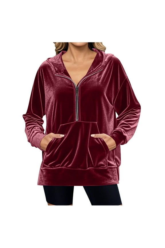 Womens Velour Hoodies Half Zipper Long Sleeve Hooded Sweatshirts Casual Loose Fall Winter Tops with Pockets