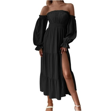 vdgthytj Womens off Shoulder Long Maxi Dress Long Sleeves High Waist Side Slit Flowy a Line Ruffle Hem Dresses