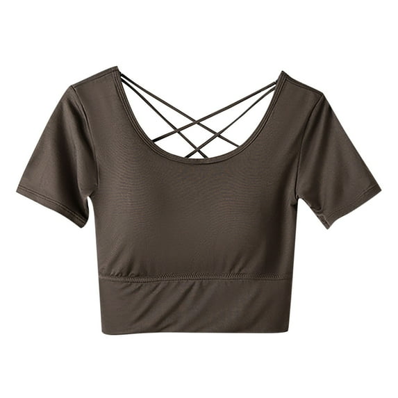vdgthytj Workout Crop Tops for Women Crew Neck Back Criss Cross Sports Yoga Shirts Plus Size Summer Short Sleeve Blouse