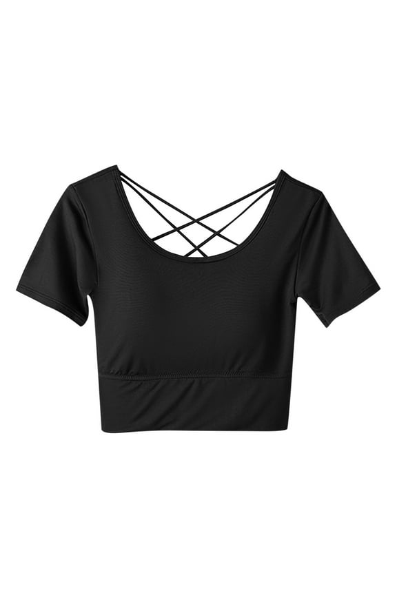 Workout Crop Tops for Women Crew Neck Back Criss Cross Sports Yoga Shirts Plus Size Summer Short Sleeve Blouse