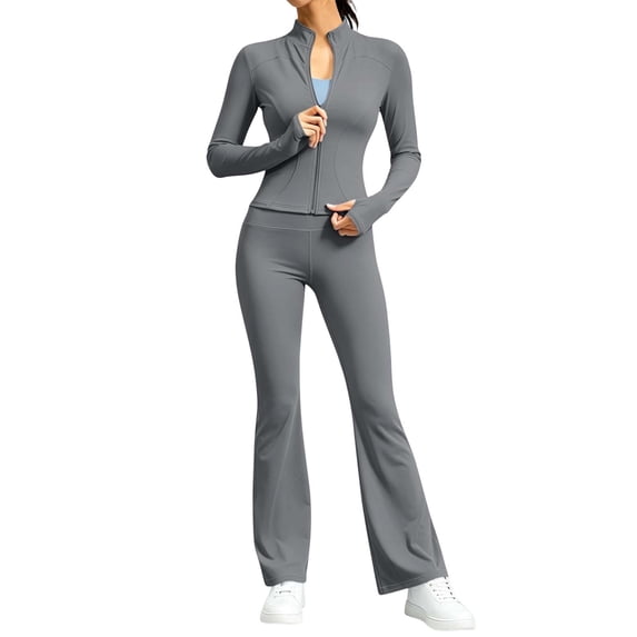 vdgthytj Workout Sets for Women 2 Piece Full Zip Stand Collar Cropped Jacket High Waist Flare Pants Gym Yoga Outfits(XX-Large,Gray)