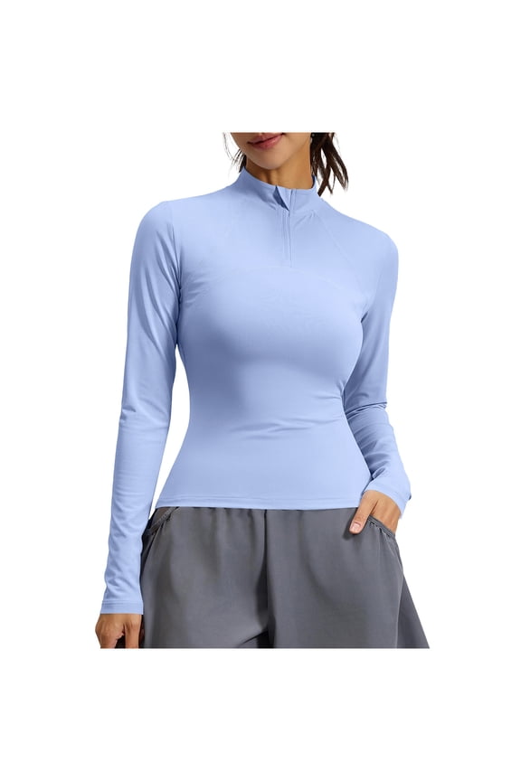 Workout Tops for Women Long Sleeve Quarter Zip Lightweight Quick Dry Slim Fitted Yoga Gym Athletic Tops(Small,Light Blue)