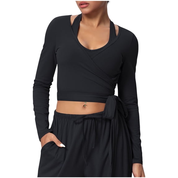 vdgthytj Workout Tops for Women Long Sleeve Quick Dry Wrap Waist Slim Fitted Yoga Athletic Crop Tops(Small,Black)