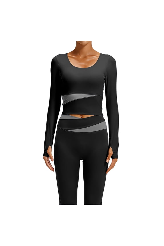 Workout Tops for Women Long Sleeve Scoop Neck Slim Fitted Crop Shirts Quick Dry Color Blocking Yoga Gym Athletic Tops