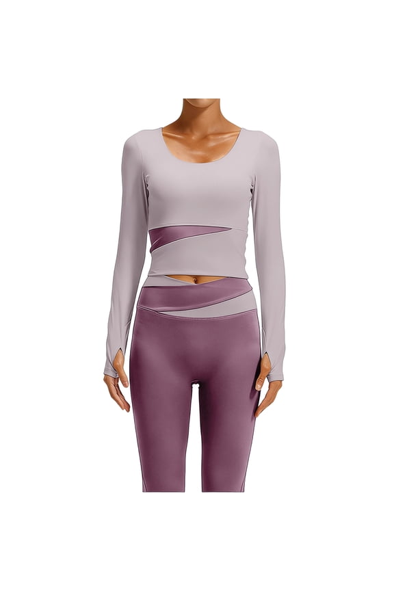 Workout Tops for Women Long Sleeve Scoop Neck Slim Fitted Crop Shirts Quick Dry Color Blocking Yoga Gym Athletic Tops