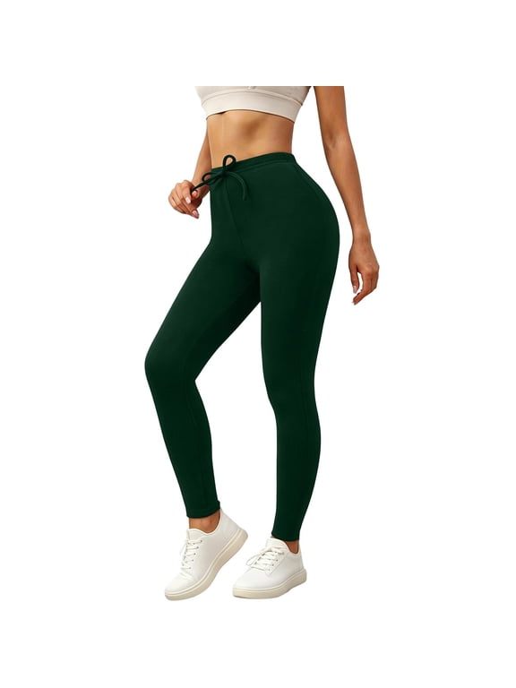 Yoga Pants Women Fleece Lined Drawstring High Waist Stretchy Solid Leggings Winter Running Workout Trousers(Large,Green)