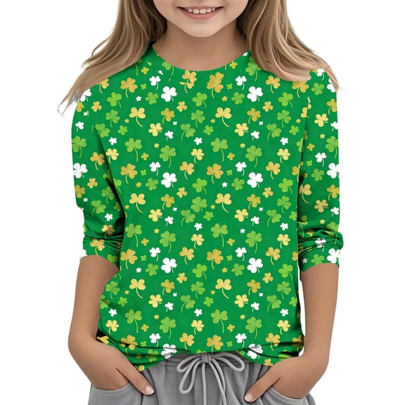 vdgthytj kids St. Patrick's Day Shirts boy girl Clover Shamrock 3/4 Sleeve Tops Casual Holiday Graphic Blouses