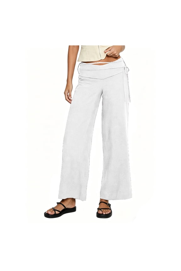  Wide Leg Pants for Women Low Waist Drawstring Side Knot Loose Fitted Summer Casual Vacation Trousers