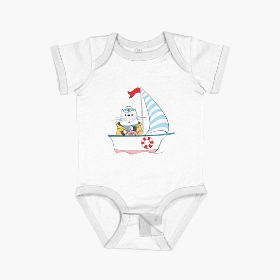 vector cat captain on the ship Short Sleeve Baby One-Piece - 1609