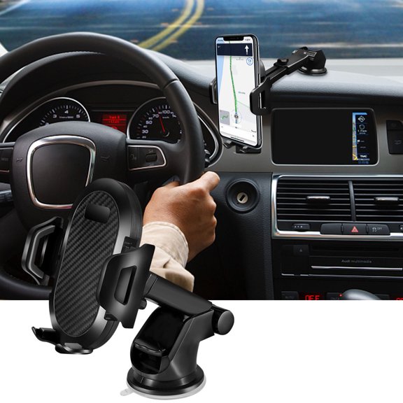 vehicle Phone Mount with Long Arm Suction Cup, 360 Degree Rotating Dashboard Windshield support for vehicle, Adjustable Telescopic Automatic Locking Cell Phone Mount for Smartphones
