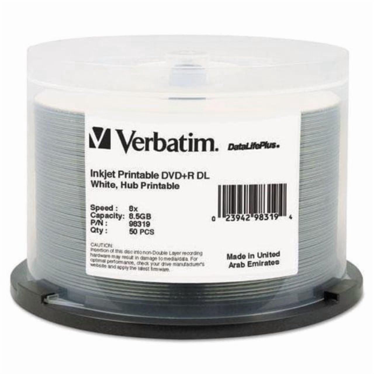 ver98319 - verbatim dvd+r dl 8.5gb 8x datalifeplus white inkjet printable, hub printable - 50pk spindle