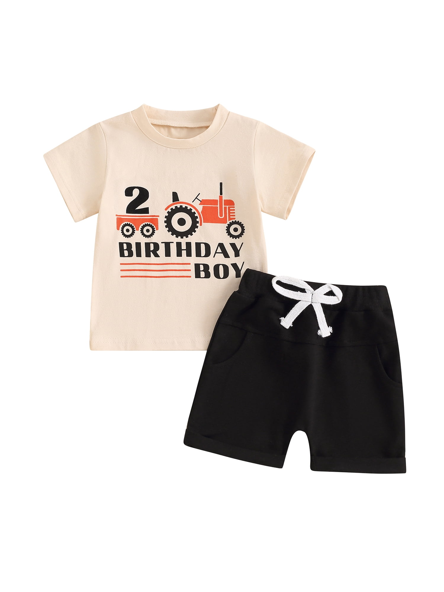 vera natura 2Pcs Baby Boy Birthday Outfits Short Sleeve Tractor Print