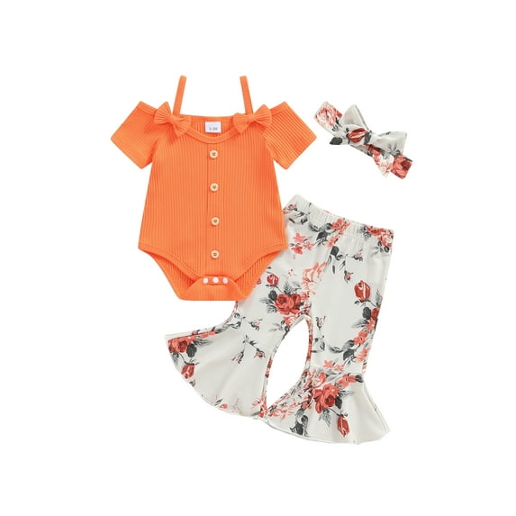 vera natura 3-Pieces Baby Girls Set Adorable Short Sleeve Boat Cami Romper Flower Print Trousers Hair Band Outfits