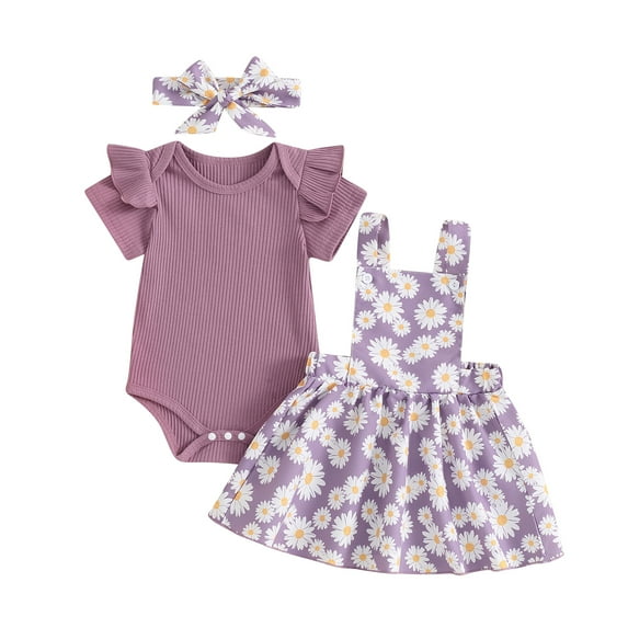 vera natura 3Pcs Baby Girls Summer Outfits Short Sleeve Romper + Daisy Suspender Skirt + Headband Set