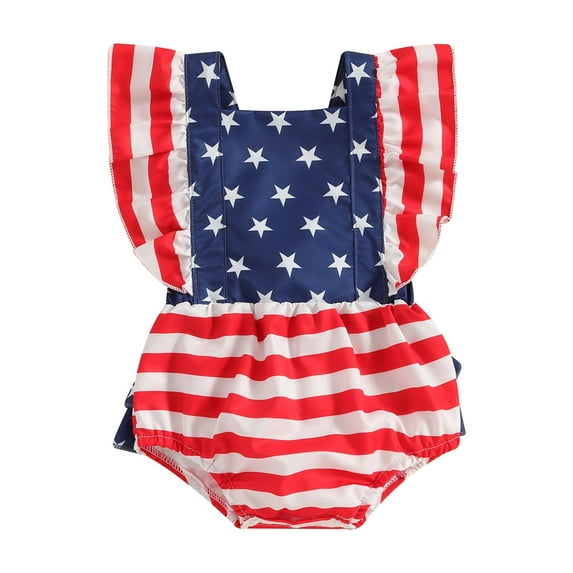 vera natura 4th of July Baby Girls Rompers Stripe Stars Print Ruffles Fly Sleeve Infant Bodysuits Summer Jumpsuits