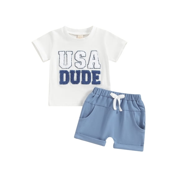 vera natura 4th of July Toddler Boys Outfits Fuzzy Letter Embroidery Short Sleeve T-Shirts Tops and Shorts 2Pcs Clothes Set