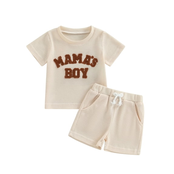 vera natura Baby Boy 2 Piece Waffle Outfits,Short Sleeve Letter Embroidery Tops + Elastic Waist Shorts Mother's Boy Set