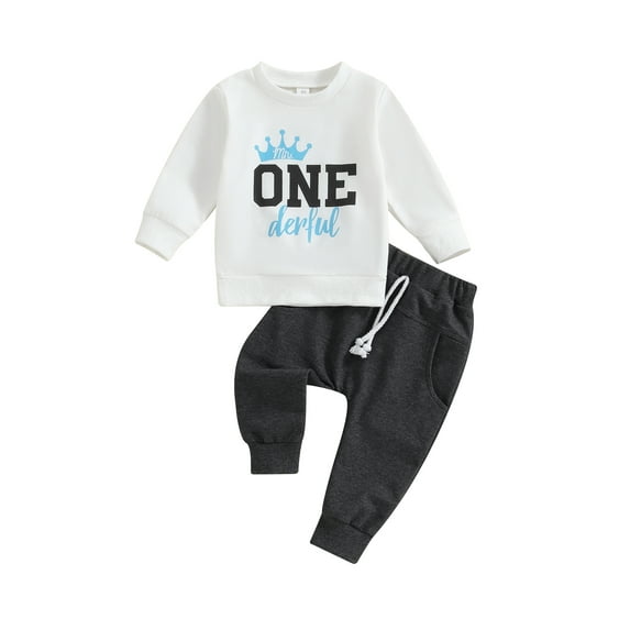 vera natura Baby Boy 2Pcs Birthday Outfits Long Sleeve Crown Letter Print Sweatshirt + Trousers Set Clothes