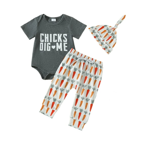 vera natura Baby Boy 3 Piece Easter Set, Short Sleeve Letter Print Romper + Elastic Waist Carrot Pants + Hat Clothes Outfits